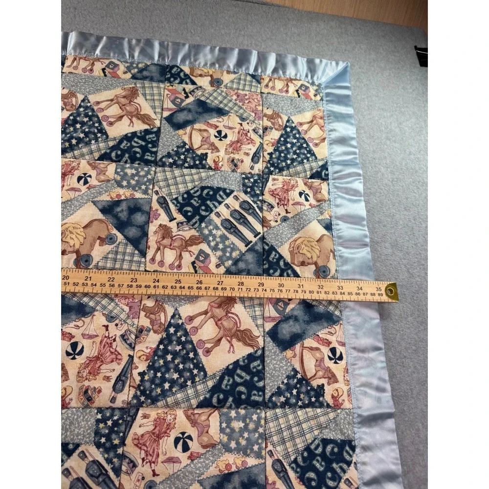 Vintage Toy Patchwork Baby Quilt Blue Satin Trim Rocking Horse Tin Soldier 35x42